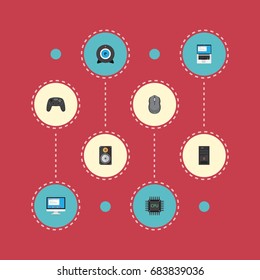 Flat Icons Display, Web Cam, Microprocessor And Other Vector Elements. Set Of PC Flat Icons Symbols Also Includes PC, Web, Megaphone Objects.
