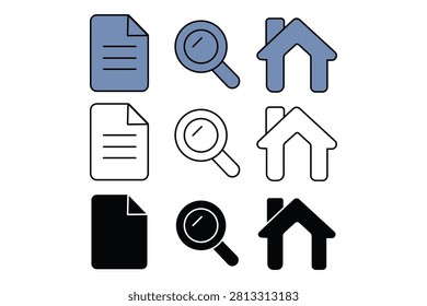 Flat icons of documents house and magnifying glass sets