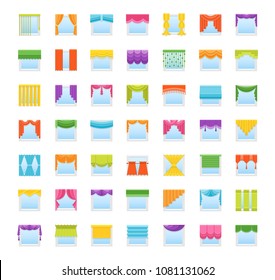 Flat icons with drapes. Window covering. Different styles of draperies, curtains and blinds. Roman, french, roller, pleat, japanese, threads. Elements for interior decoration.
