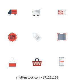 Flat Icons Dress Stand , Bus , Label Vector Elements. Set Of Store Flat Icons Symbols Also Includes Basket, Qr, Buy Objects.