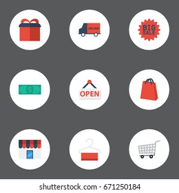 Flat Icons Dress Stand , Pouch , Shop Vector Elements. Set Of Shopping Flat Icons Symbols Also Includes Sign, Bag, Bus Objects.