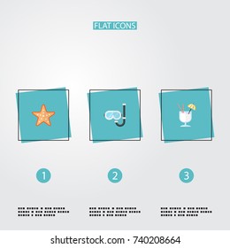 Flat Icons Drink, Aqualung, Sea Star And Other Vector Elements. 