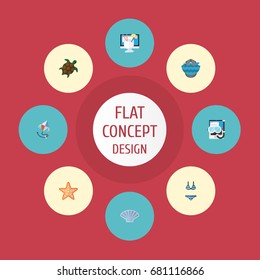 Flat Icons Drink, Beachwear, Sea Star And Other Vector Elements. Set Of Summer Flat Icons Symbols Also Includes Drink, Aqualung, Tortoise Objects.