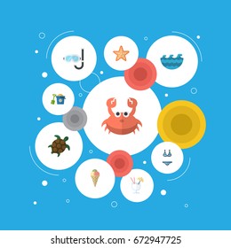 Flat Icons Drink, Cancer, Shovel And Other Vector Elements. Set Of Summer Flat Icons Symbols Also Includes Lobster, Diving, Waves Objects.