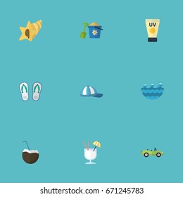 Flat Icons Drink, Cocos, Shell And Other Vector Elements. Set Of Summer Flat Icons Symbols Also Includes Sun, Conch, Cap Objects.