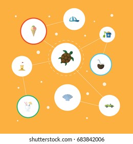 Flat Icons Drink, Hat, Tortoise And Other Vector Elements. Set Of Beach Symbols Also Includes Car, Hat, Sand Objects.