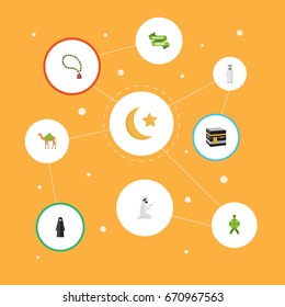 Flat Icons Dromedary, Arabian, Muslim Woman And Other Vector Elements. Set Of Ramadan Flat Icons Symbols Also Includes Mekkah, Hump, Islam Objects.