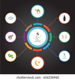 Flat Icons Dromedary, Arabic Calligraphy, New Lunar And Other Vector Elements. Set Of Religion Flat Icons Symbols Also Includes Mubarak, Cannon, Ramadan Objects.