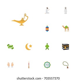 Flat Icons Dromedary, Bead, Islamic Lamp And Other Vector Elements. Set Of Holiday Flat Icons Symbols Also Includes Calligraphy, Male, Lamp Objects.