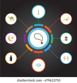 Flat Icons Dromedary, Genie, Palm And Other Vector Elements. Set Of Ramadan Flat Icons Symbols Also Includes Rosary, Dromedary, Arabian Objects.