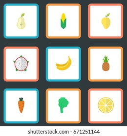 Flat Icons Duchess, Ananas, Jungle Fruit And Other Vector Elements. Set Of Fruit Flat Icons Symbols Also Includes Mango, Pitaya, Fruit Objects.