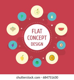 Flat Icons Duchess, Jonagold, Cauliflower And Other Vector Elements. Set Of  Flat Icons Symbols Also Includes Cabbage, Watermelon, Cluster Objects.