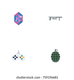 Flat Icons Dynamite, Game, Handgun Vector Elements. Set Of  Flat Icons Symbols Also Includes Gem, Handgun, Bombshell Objects.