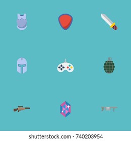 Flat Icons Dynamite, Shotgun, Blade And Other Vector Elements. Set Of Game Flat Icons Symbols Also Includes Grenade, Gem, Sword Objects.