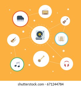 Flat Icons Earphone, Banjo, Tone Symbol And Other Vector Elements. Set Of Audio Flat Icons Symbols Also Includes Tuner, String, Fiddle Objects.