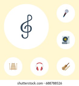Flat Icons Earphone, Fiddle, Musical Instrument And Other Vector Elements. Set Of Studio Flat Icons Symbols Also Includes Studio, Violin, Karaoke Objects.