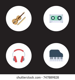 Flat Icons Earphone, Octave Keyboard, Fiddle And Other Vector Elements. Set Of Melody Flat Icons Symbols Also Includes Headphones, Keys, Tape Objects.