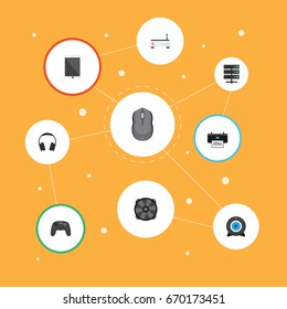 Flat Icons Earphones, Datacenter, Web Cam And Other Vector Elements. Set Of Laptop Flat Icons Symbols Also Includes Mouse, Cooler, Machine Objects.