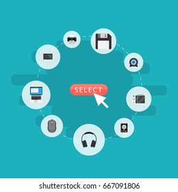 Flat Icons Earphones, Diskette, Web Cam And Other Vector Elements. Set Of Computer Flat Icons Symbols Also Includes Mouse, Computer, Machine Objects.