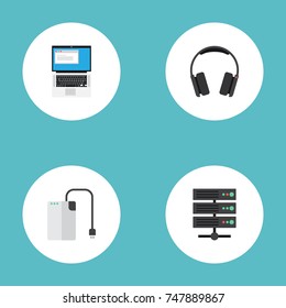 Flat Icons Earphones, Laptop, Datacenter And Other Vector Elements. Set Of Computer Flat Icons Symbols Also Includes Storage, Drive, Server Objects.