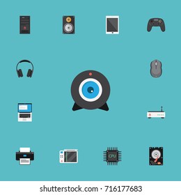 Flat Icons Earphones, System Unit, Router And Other Vector Elements. Set Of Computer Flat Icons Symbols Also Includes Unit, Printing, Keyboard Objects.