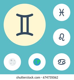 Flat Icons Earth Planet, Fishes, Lunar And Other Vector Elements. Set Of Astrology Flat Icons Symbols Also Includes Twins, Horoscope, Gemini Objects.