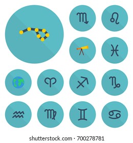 Flat Icons Earth Planet, Optics, Lion And Other Vector Elements. Set Of Galaxy Flat Icons Symbols Also Includes Goat, Leo, Horoscope Objects.