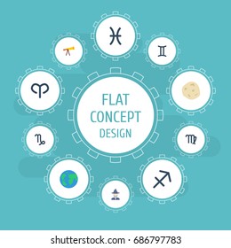 Flat Icons Earth Planet, Ram, Fishes And Other Vector Elements. Set Of Astrology Flat Icons Symbols Also Includes Pisces, Goat, Optics Objects.