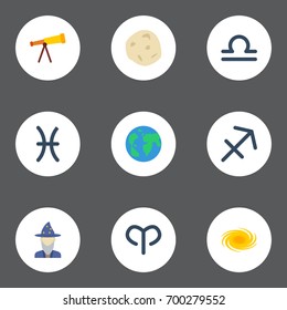 Flat Icons Earth Planet, Scales, Space And Other Vector Elements. Set Of Astronomy Flat Icons Symbols Also Includes Binoculars, Comet, Arrow Objects.