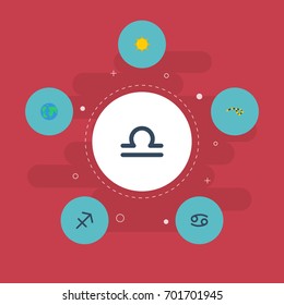 Flat Icons Earth Planet, Solar, Horoscope And Other Vector Elements. Set Of Galaxy Flat Icons Symbols Also Includes Crab, Astronomy, Scales Objects.
