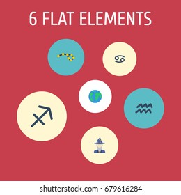 Flat Icons Earth Planet, Water Bearer, Horoscope And Other Vector Elements. Set Of  Flat Icons Symbols Also Includes Archer, Globe, Cancer Objects.