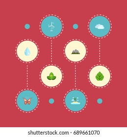 Flat Icons Eco Energy, Water, Isle Beach And Other Vector Elements. Set Of Eco Flat Icons Symbols Also Includes Power, Leaf, Isle Objects.