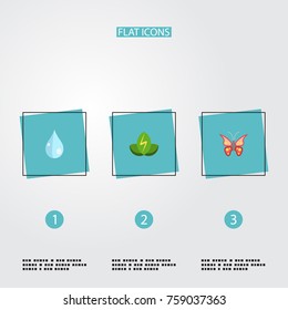 Flat Icons Eco Energy, Water, Beauty Insect And Other Vector Elements. Set Of Environment Flat Icons Symbols Also Includes Blob, Power, Eco Objects.