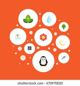 Flat Icons Eco Energy, Wood, Emperor And Other Vector Elements. Set Of Eco Flat Icons Symbols Also Includes Nature, Tree, Penguin Objects.