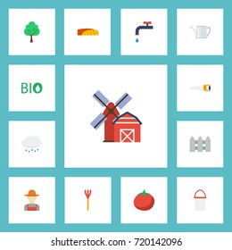 Flat Icons Ecology, Rain, Timber And Other Vector Elements. Set Of Harvest Flat Icons Symbols Also Includes Sign, Timber, Cloud Objects.