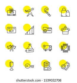 flat icons. Editable 16 flat icons. Included icons such as Price, Waiting list, Key, Champagne, Processor, Delivery truck, 24 hours, Axe, Box, Folder. flat trendy icons for web.