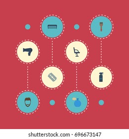 Flat Icons Elbow Chair, Comb, Bristle And Other Vector Elements. Set Of Barber Flat Icons Symbols Also Includes Furniture, Scallop, Spray Objects.