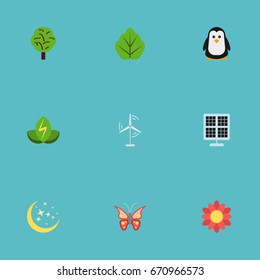 Flat Icons Electric Mill, Eco Energy, Night And Other Vector Elements. Set Of Eco Flat Icons Symbols Also Includes Butterfly, Tree, Power Objects.
