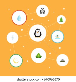 Flat Icons Electric Mill, Emperor, Tree And Other Vector Elements. Set Of Eco Flat Icons Symbols Also Includes Bear, Palm, Panda Objects.