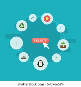 Flat Icons Electric Mill, Isle Beach, Sprout And Other Vector Elements. Set Of Green Flat Icons Symbols Also Includes Palm, Dolphin, Gardening Objects.
