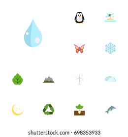 Flat Icons Electric Mill, Isle Beach, Sprout And Other Vector Elements. Set Of Green Flat Icons Symbols Also Includes Power, Blob, Snow Objects.