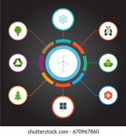 Flat Icons Electric Mill, Sun Power, Tree And Other Vector Elements. Set Of Environment Flat Icons Symbols Also Includes Photocell, Spruce, Flora Objects.