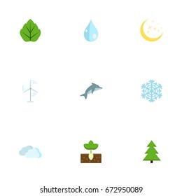 Flat Icons Electric Mill, Winter Snow, Water And Other Vector Elements. Set Of Eco Flat Icons Symbols Also Includes Wind, Nature, Power Objects.