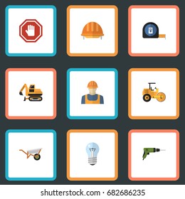 Flat Icons Electric Screwdriver, Hardhat, Tractor And Other Vector Elements. Set Of Industry Flat Icons Symbols Also Includes Stop, Workman, Light Objects.