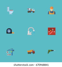 Flat Icons Electric Screwdriver, Restroom, Roll Meter And Other Vector Elements. Set Of Industry Flat Icons Symbols Also Includes Tower, Water, Wc Objects.