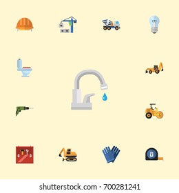 Flat Icons Electric Screwdriver, Roll Meter, Hardhat And Other Vector Elements. Set Of Industry Flat Icons Symbols Also Includes Excavator, Lifting, Mitten Objects.