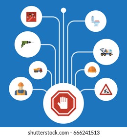 Flat Icons Electric Screwdriver, Worker, Restroom And Other Vector Elements. Set Of Industry Flat Icons Symbols Also Includes Builder, Hand, Restroom Objects.