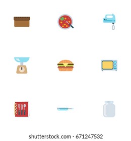 Flat Icons Electric Stove, Blender, Cooking Notebook And Other Vector Elements. Set Of Food Flat Icons Symbols Also Includes Food, Measurement, Microwave Objects.