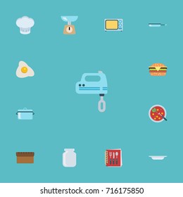 Flat Icons Electric Stove, Blender, Chef Hat And Other Vector Elements. Set Of Gastronomy Flat Icons Symbols Also Includes Plate, Pan, Kitchen Objects.