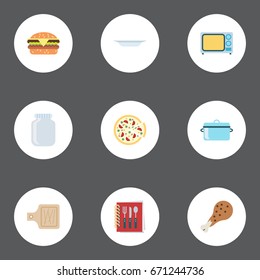 Flat Icons Electric Stove, Breadboard, Casserole And Other Vector Elements. Set Of Cooking Flat Icons Symbols Also Includes Dishware, Board, Dish Objects.